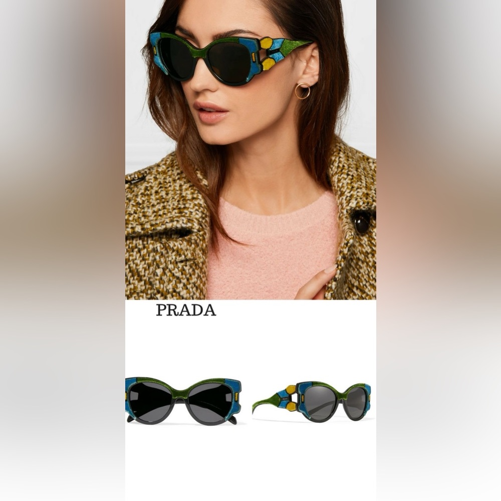 PRADA Tapestry Square Velvet Pr10us Azure Green Color Block Black Sunglasses 10u - Picture 2 of 11
